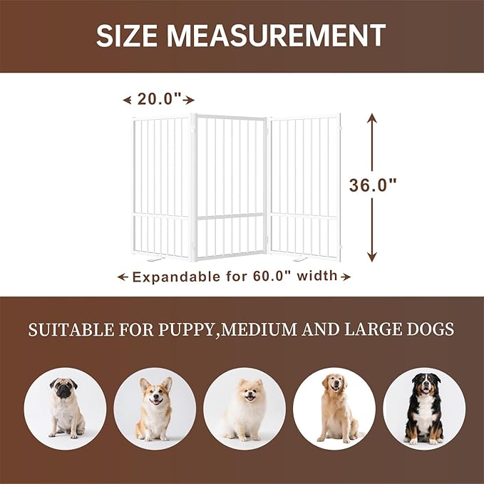 3 Panels Full Metal Freestanding Dog Gates, 60” W x 36” H Folding Pet Gate Fence with Support Feet for Indoor,Stairs, Hallways and Doorways(White)