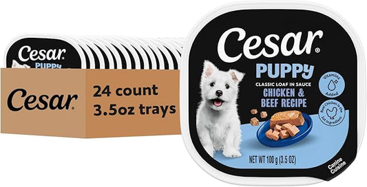 Cesar Puppy Classic Loaf in Sauce Wet Dog Food, Chicken & Beef Recipe, 3.5 oz. Easy Peel Trays, Dog Food Toppers, 24 Count