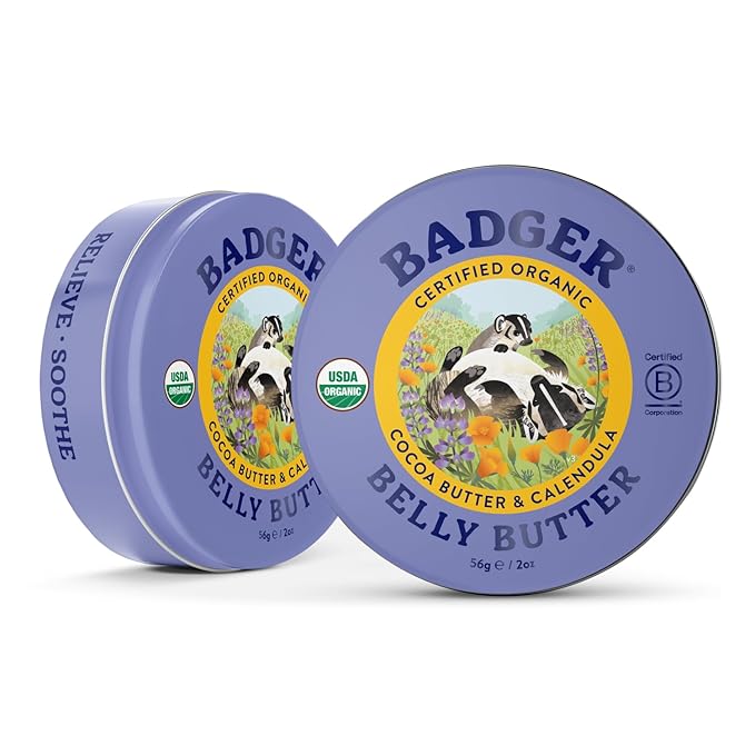 Badger Belly Butter, Organic Stretch Mark Cream for Pregnant Belly, Rich Hypoallergenic Moisturizing Organic Cocoa Butter & Coconut Body Butter for Women, 2 oz Tin, 2-Pack