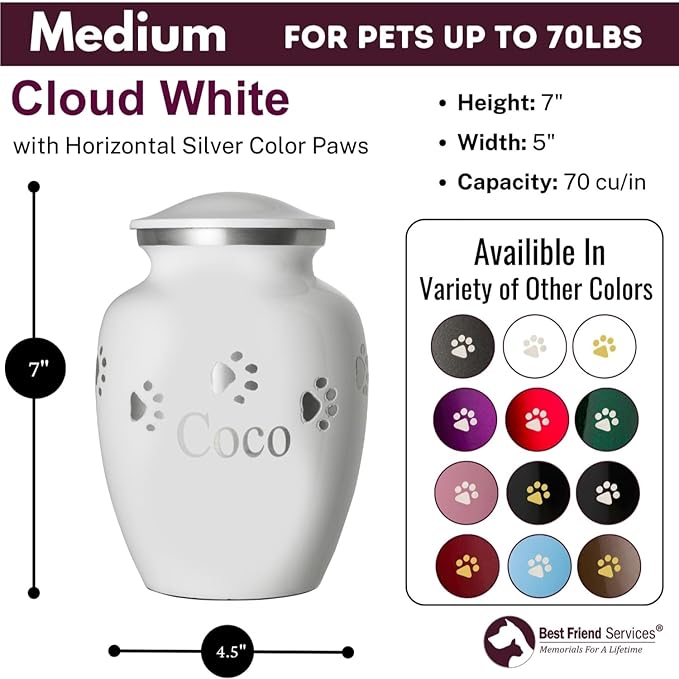 Pet Urn for Dogs and Cats with Personalized Laser Engraving, Ottillie Paws Premier Series Memorial Urns (Medium Cloud White with Horizontal Pewter Paws)