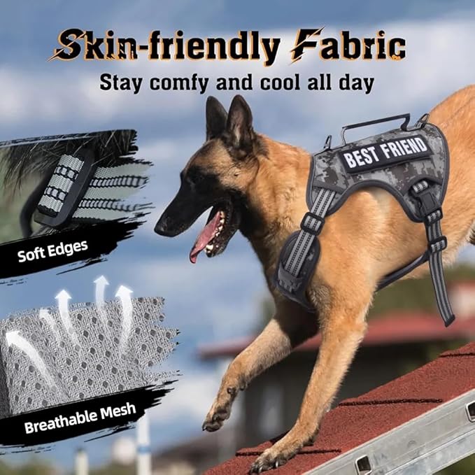 Tactical Dog Harness with Leash for Large Dogs, No Pull Adjustable Dog Harness, Reflective K9 Working Pet Vest for Walking, Training (Camouflage Grey, XL)