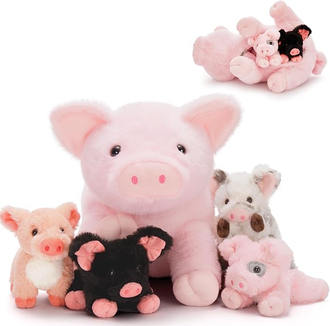 Pig Stuffed Animal Plush - Pink Mommy 16" with 4 Little Piggy in Her Zippered Tummy - Cute Plushie Toy Gift for Girls and Kids