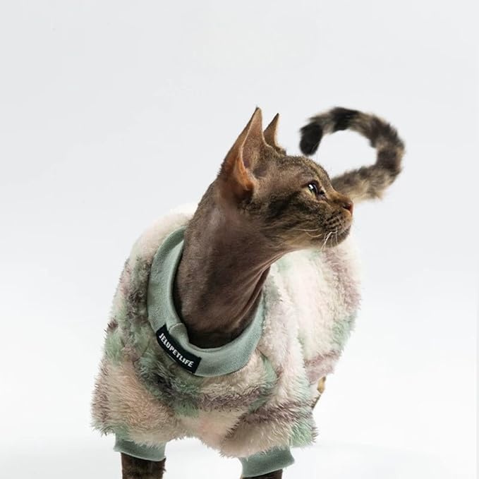 Hairless Cat Double-Sided Fleece Clothes, Soft Sweater Warm Jumpsuit Shirt Clothing for Sphynx & Devon Rex Winter & Fall (Green,XXL)