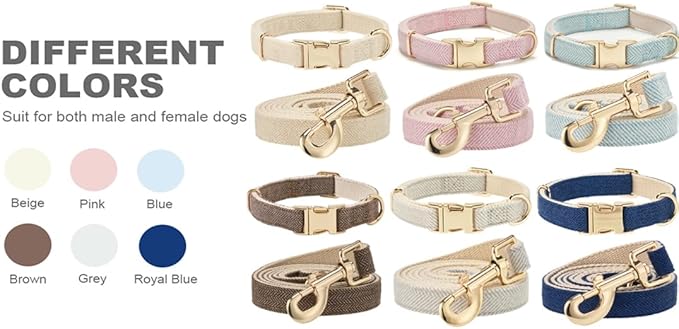 Soft Hemp Dog Collar and Leash Set Adjustable Woven Tweed Dog Collars with Metal Buckle and Lead for Small Medium Large Dogs,Pink