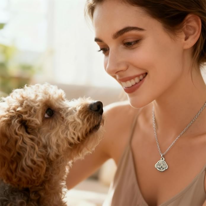 Personalized Pet Portrait Memorial Necklace - Stainless Steel Custom Engraved with Photo, Name & Date, Keepsake Jewelry Gift for Dog Mom, Cat Dad, Animal Lovers (Adjustable Chain)