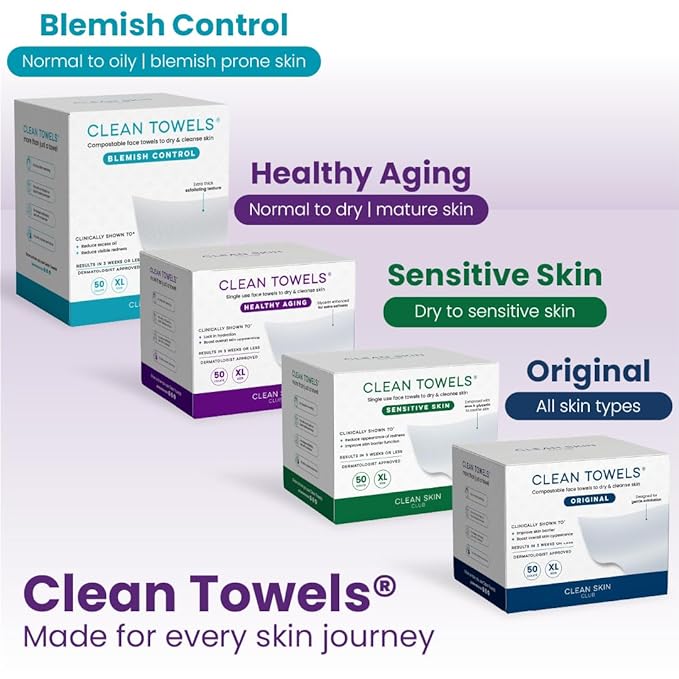 Clean Skin Club Healthy Aging Clean Towels® XL, Smooths Fine Lines Wrinkles & Texture in 6 weeks, Treated for Extra Softness, Disposable Face Towels, Anti Aging Makeup Remover Dry Wipe, 50 count