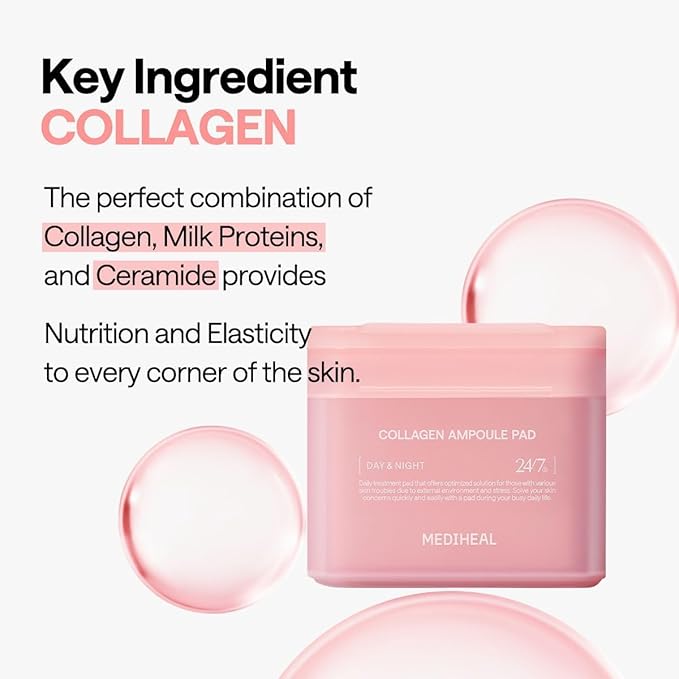 MEDIHEAL Toner Pads [Collagen] - Ampoule Toner Pad with Collagen & Ceramide - Skin Firming & Restore Elasticity & Deep Hydration - Tighten Wrinkles & Lines - Vegan Moisturizing Fabric (100 Count) s