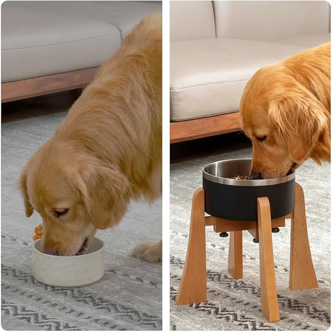 Beech Dog Bowl Stand for Medium Large Dogs,Elevated Feeder Large Breeds,Raised Bowl Stand，Adjustable Width for Different Bowls,Feeding Station with Non-Slip Feet (12-inch High with Bowl)