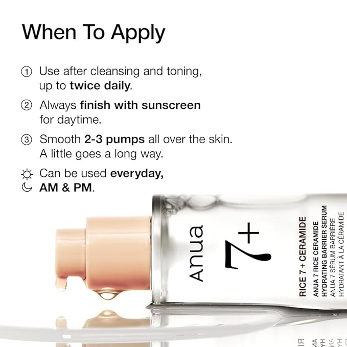 Anua Rice Ceramide 7 Hydrating Barrier Serum, Moisturizing Face Serum, Non-comodogenic, Hyaluronic Acid, Niacinamide, Lightweight, Fragrance Free, Sensitive Dry Skin, Korean Skincare, 1.69 fl oz
