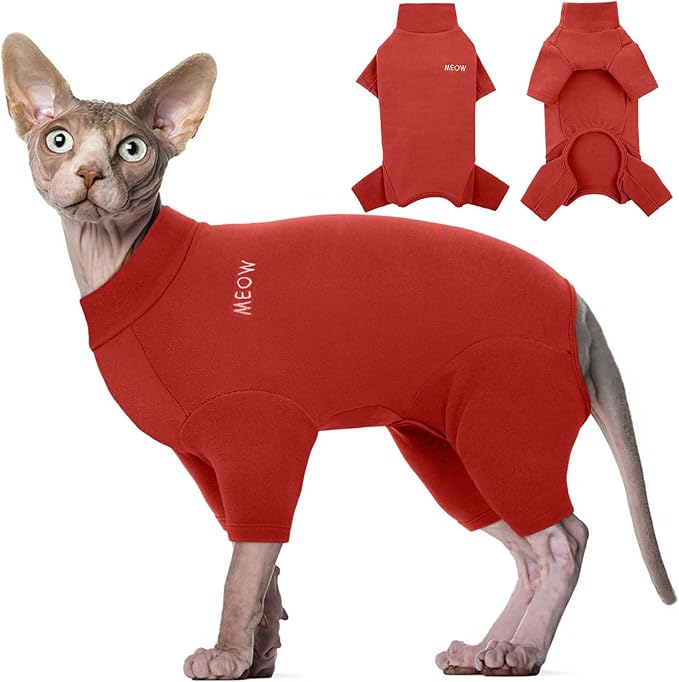 ROZKITCH Cat Clothes - Breathable Soft Jumpers for Cats, Warm Sweater T-Shirt Pajamas Jumpsuit Vest - Cornish Rex Devon Rex Peterbald Red L