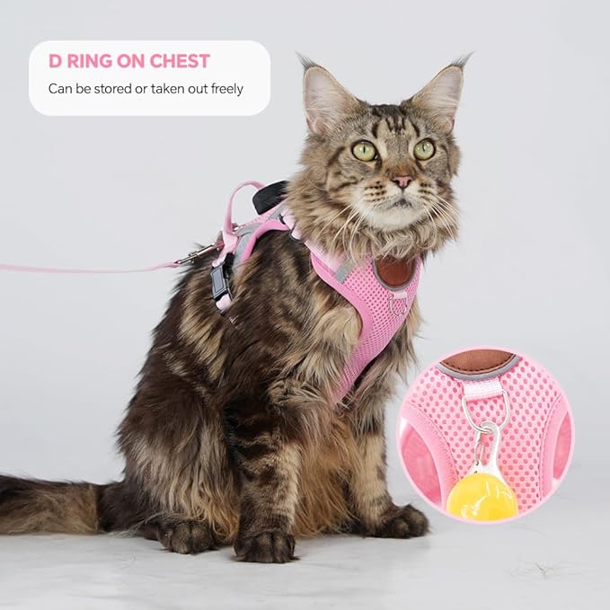 Cat Harness and Leash Set with AirTag Holder: Upgraded Escape Proof Vest with Lead for Small Dog Puppy Large Cat Walking，Soft Breathable Mesh Coat with Reflective Strip (Pink, XL)
