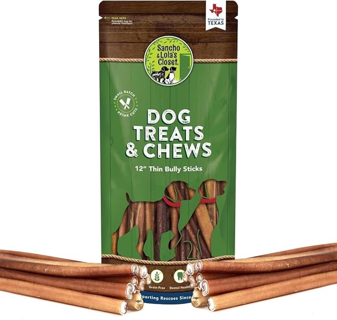 Supreme 12-inch Thin Bully Sticks by Sancho and Lola’s (10 Pack) All-Natural, Long-Lasting Dog Chew Treats - Free-Range, Grass-Fed Beef - Low Odor