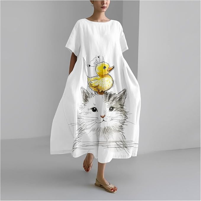 MARSVOVO Summer Dress for Women Funny Cat Graphic Cute Short Sleeve Maxi Dress Causal Plus Size Party Dress for Women
