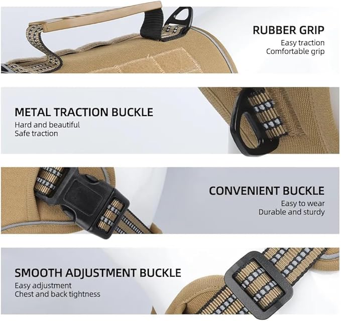 Tactical Dog Harness with Leash for Large Dogs, No Pull Adjustable Dog Harness, Reflective K9 Working Pet Vest for Walking, Training (Khaki, L)