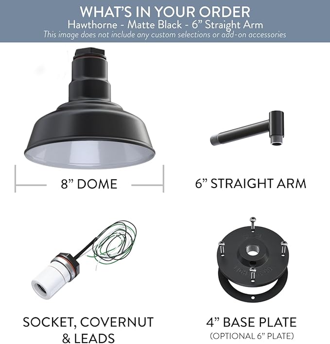 Steel Lighting Co. | Dusk to Dawn | Hawthorne Barn Light | Outdoor Wall Mounted | 8 in Dome | 6 in Straight Arm| Small Farmhouse Light Made in America | Matte Black Exterior/White Interior