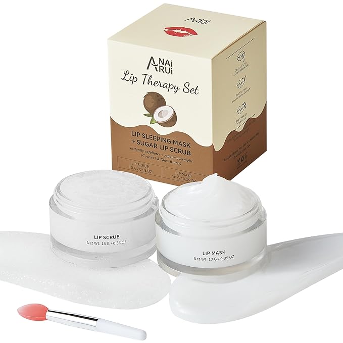 ANAI RUI Coconut Lip Scrub & Lip Mask Set with Shea Butter, Lip Scrubber Exfoliator Enriched with Vitamin E, Sugar Scrub for Dry Lips, Hydrating Lip Mask, Gifts For Women