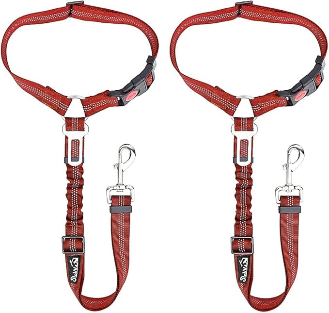 SlowTon Dog Seat Belt for Car, 2 Pack Dog Car Harness Seatbelt Adjustable with Elastic Bungee Buffer, 2 in 1 Pet Car Leash Headrest Restraint Dog Reflective Safety Tether (Red, Headrest+Clip)