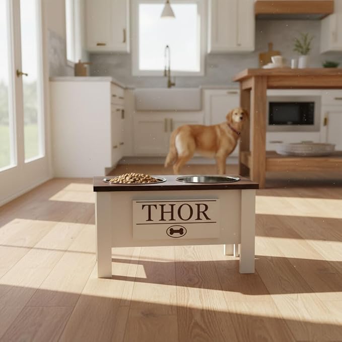 GTW Personalized Elevated Dog Bowl Stand for Large, Medium, Small, X-Small Dogs - Stainless Steel Food and Water Bowls - Raised Dog Dish with Internal Storage (Large, Dark Walnut)