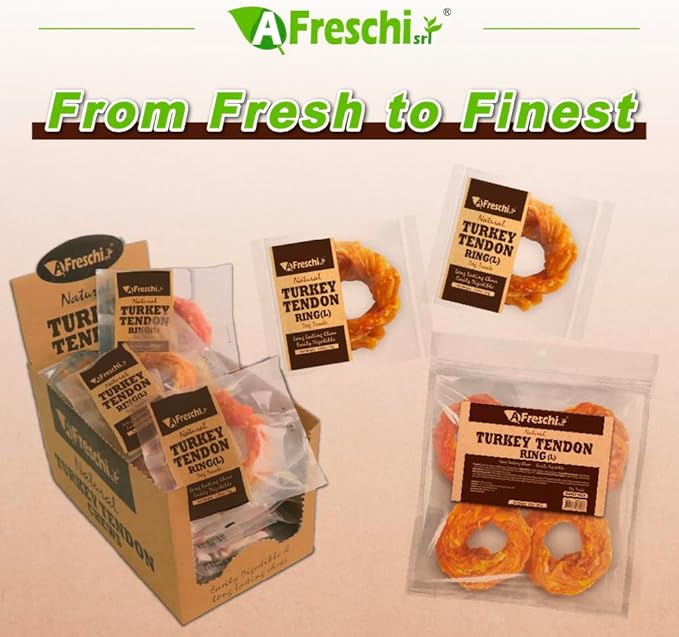 AFreschi Turkey Tendons for Dogs, USA-Sourced, Healthy Dog Treats, Rawhide-Free Puppy Chews, Long Lasting, All Natural, Hypoallergenic Dog Treats for Large Breeds, 10 Count Box Ring (L)