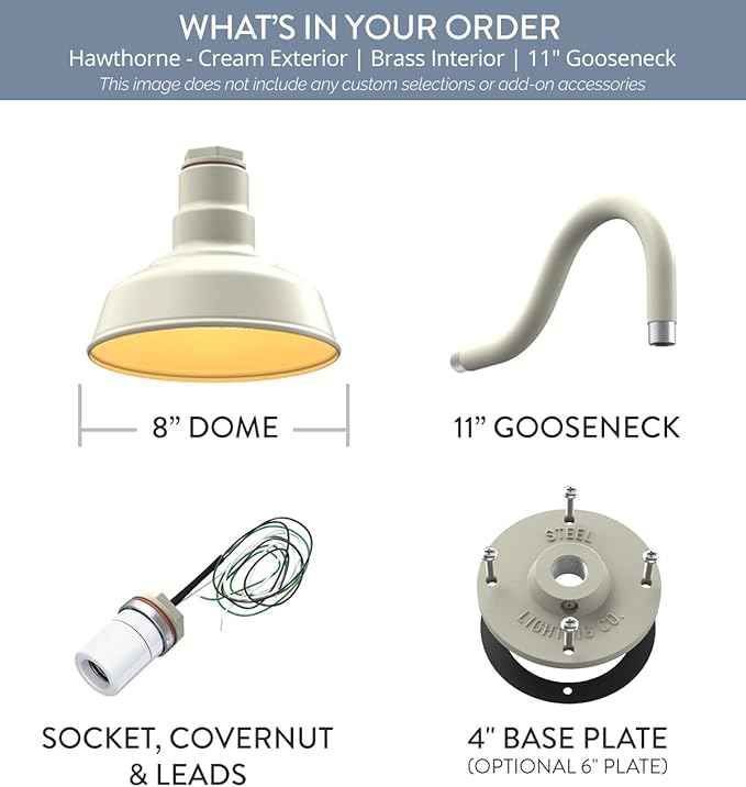 Steel Lighting Co. | Dusk to Dawn | Hawthorne Barn Light | Outdoor Wall Mounted | 8 in Dome | 11 inch Gooseneck| Small Farmhouse Light Made in America | Cream/Brass