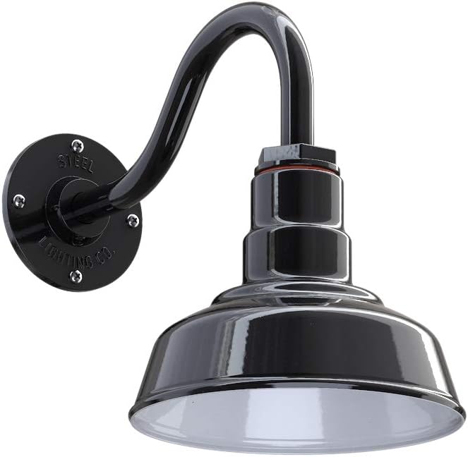 Steel Lighting Co. | Dusk to Dawn | Hawthorne Barn Light | Outdoor Wall Mounted | 8 in Dome | 11 inch Gooseneck| Small Farmhouse Light Made in America | Black Exterior/White Interior