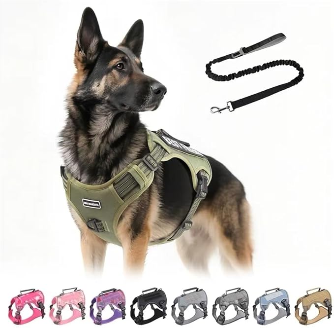 Tactical Dog Harness with Leash for Large Dogs, No Pull Adjustable Dog Harness, Reflective K9 Working Pet Vest for Walking, Training (Army Green, M)