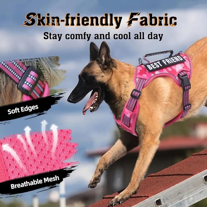 Tactical Dog Harness with Leash for Large Dogs, No Pull Adjustable Dog Harness, Reflective K9 Working Pet Vest for Walking, Training (Fuchsia Camo, L)