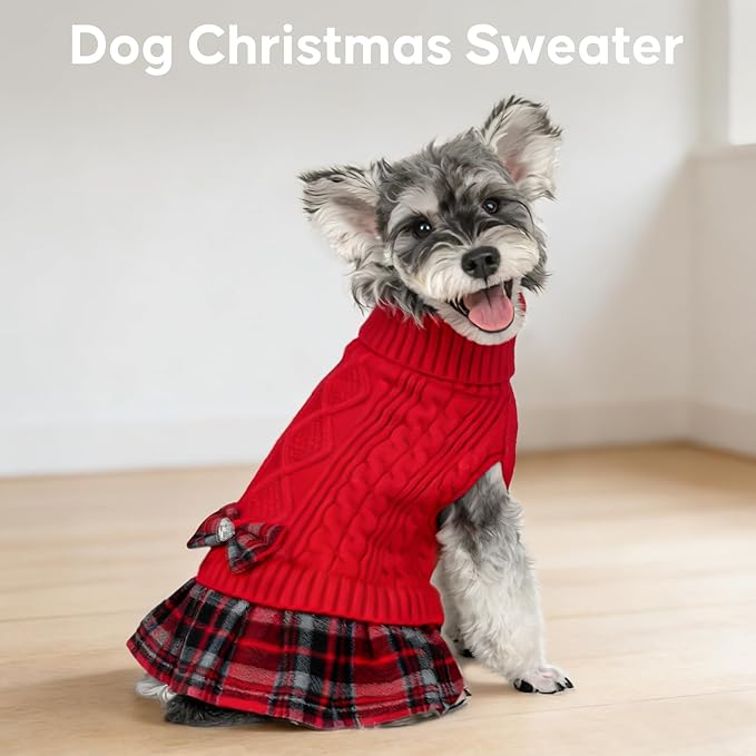 KYEESE Dog Sweater Stretchy Cat Sweaters Thick Dogs Clothes with Bowtie Soft Turtleneck Pet Sweater Dress Comfy Knitwear Dog Sweaters for Small Dogs Girl Warm Pullover Pet Coats, Red, Small