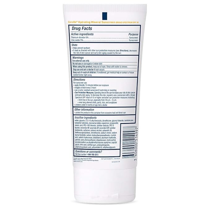 CeraVe 100% Mineral Sunscreen SPF 30 with Zinc Oxide & Titanium Dioxide,Hyaluronic Acid & Ceramides,Oil Free,Non-Greasy,Hydrating Mineral Sunscreen For Body,5 oz,(Pack of 2)