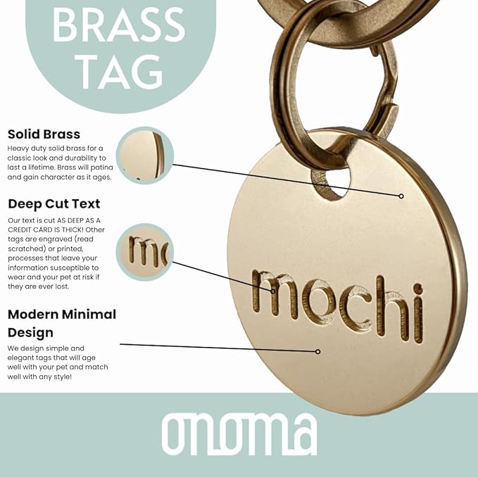 Solid Brass PET TAG - Modern, Minimal Pet IDs. Durable, Lifetime Tags with deep Cut Text. Includes Space for Two Phone Numbers. (Arch Mini)