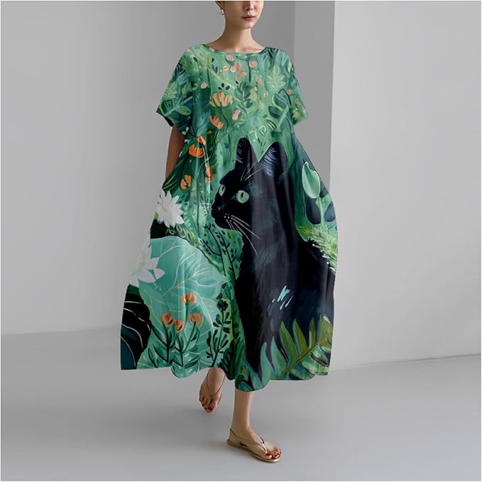 MARSVOVO Summer Dress for Women Funny Cat Graphic Cute Short Sleeve Maxi Dress Causal Plus Size Party Dress for Women