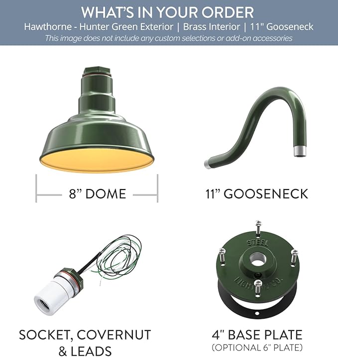 Steel Lighting Co. | Dusk to Dawn | Hawthorne Barn Light | Outdoor Wall Mounted | 8 in Dome | 11 inch Gooseneck| Small Farmhouse Light Made in America | Hunter Green/Brass