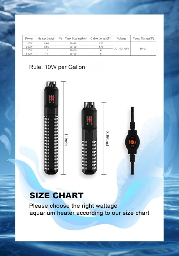 300W Aquarium Heater, Adjustable Thermostat Fish Tank Heater | Auto Shut-Off, Explosion-Proof for Fresh & Saltwater