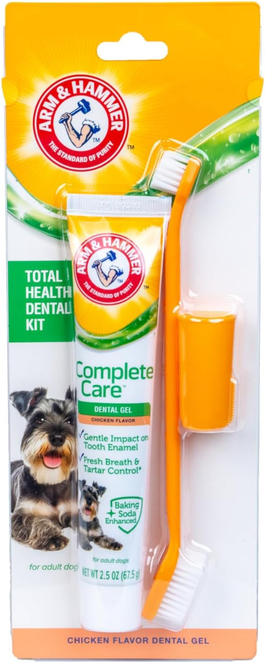 Arm & Hammer Complete Care Dental Gel Dog Toothbrush Kit, Gel Dog Toothpaste, Toothbrush, Finger Brush, Fresh Breath, Tartar Control, Baking Soda Enhanced Pet Dental Supplies, Chicken Flavor, 2.5oz
