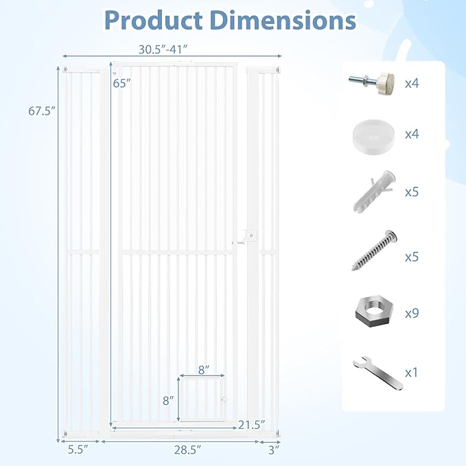 PETSITE Extra Tall Pet Gate, 30.5-41 Inch Adjustable Heavy-Duty Metal Cat Dog Gate with Easy Walk Through Gate, and 2 Extension Kits, No Drilling Pressure or Hardware Mounted (67.5 Inch Tall)