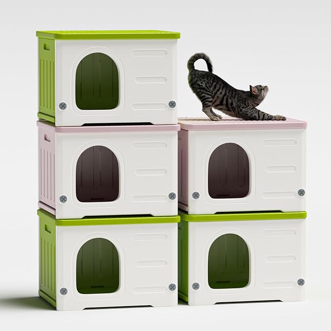 Plastic Cat House for Outdoor Indoor Use, Stackable Feral Cat Shelter Indoor Cat House Weatherproof Waterproof Elevated (Green)