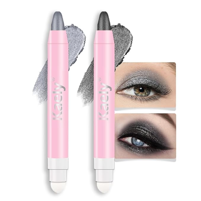 evpct 2Pcs Cream Eye Shadow Brightener Sticks Set for Eyes Waterproof, Dazzling Grey & Pearl Black Shimmer Cream Eyeshadow Applicator Stick Pigmented Eye Makeup sombras en crema para ojos 02+03