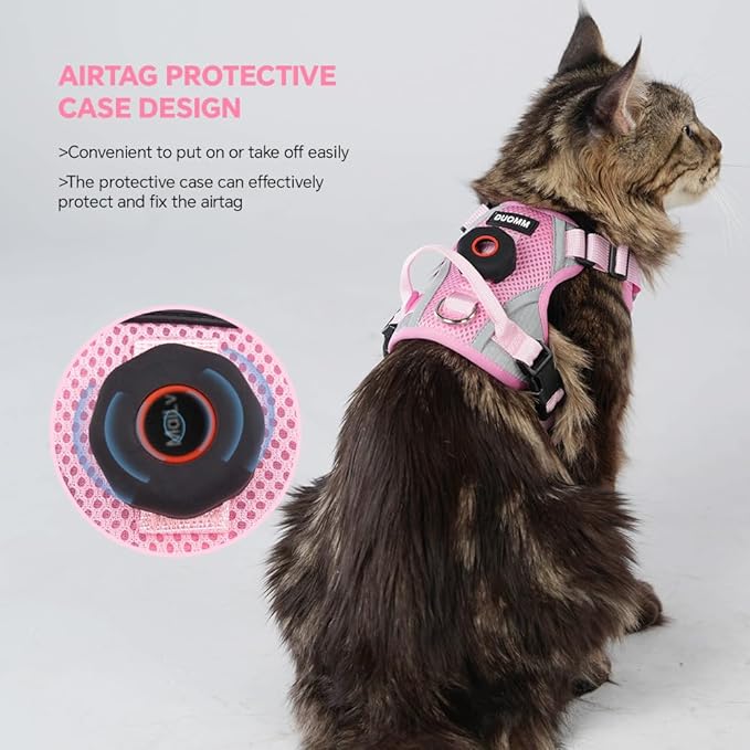 Cat Harness and Leash Set with AirTag Holder: Upgraded Escape Proof Vest with Lead for Small Dog Puppy Large Cat Walking，Soft Breathable Mesh Coat with Reflective Strip (Pink, XL)