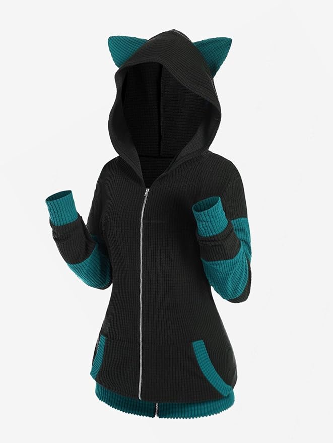 ROSE GAL Rosegal Women Plus Size Cat Ear Ribbed Hooded Blouson Jacket Animal Ear Two Tone Cute Hoodie