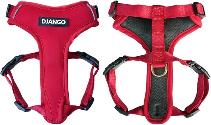 DJANGO Adventure Dog Harness - Stylish and Durable Medium Dog Harness for Outdoor Adventures and Everyday Wear - Red Neoprene Adjustable Harness for Dogs with Reflective Piping, Solid Brass D-Ring