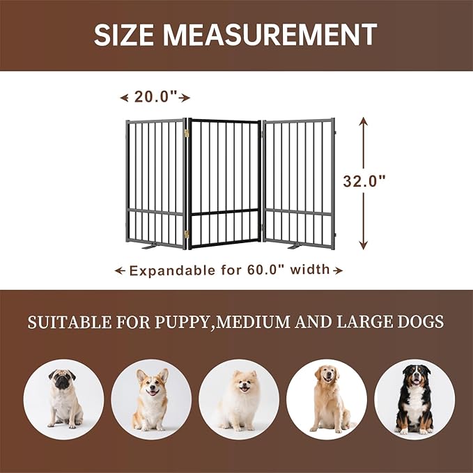 3 Panels Full Metal Freestanding Dog Gates, 60” W x 32” H Folding Pet Gate Fence with Support Feet for Indoor,Stairs, Hallways and Doorways(Black)