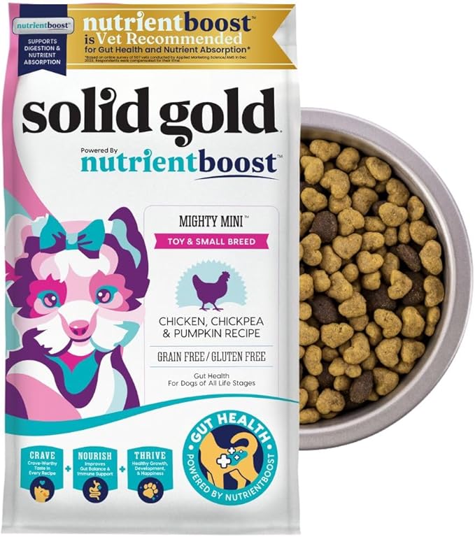 Solid Gold Toy & Small Breed Dry Dog Food Small Bites – Real Chicken, Grain Free Gluten Free, High Fiber Healthy Kibble w/Probiotics for Gut Health & Digestion Support– All Ages – NutrientBoost™ –11LB