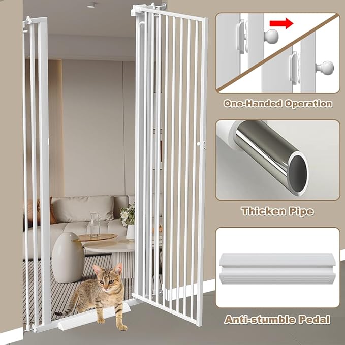 57" Extra Tall Cat Pet Gate for Doorway, 57.4"-62.2" Wide Pet Gate for Cats Walk Through, Auto Close Tall Baby Gates with Door, Child Safety Gate Indoor Stairs, Cat Proof Gate for Dog, White