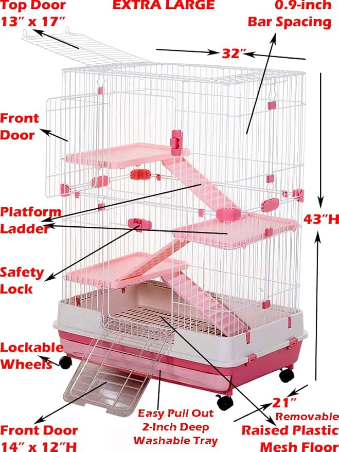 Pink Extra Large Deluxe in/Outdoor Multi-Level Guinea Pig Chinchilla Ferret Squirrel Hedgehog Kitten Rabbit Bunny Hutch House Critter Habitat Removable Easy Clean Tray Lockable Casters