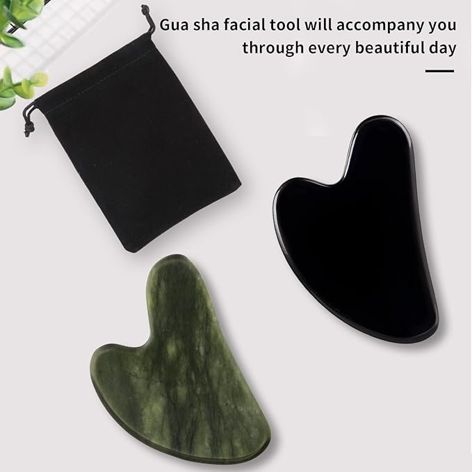 Gua Sha Facial Tools 2 Pack, Natural Jade Guasha Tool for Face,Double Chin & Jawline, Gua Sha Stone Self-Skin Care Face Stone Gua Sha tools for Women Guasha Stone, Black and Green
