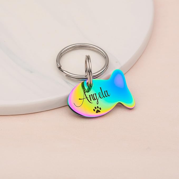 Anavia Small Size Dog Cat ID Tags, Small/XS Personalized Color Plated Stainless Steel Puppy Kitten Name Tags, Customized Engraved Nameplate Pet Collar Tag (Silver, Fish)