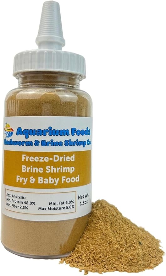 Aquatic Foods Inc. Brine Shrimp Powder-Small Bits Fry & Baby Food, for Freshwater Fish, Marines, Baby Pond Fish, Corals, Anemones, All Tiny Nanos, Fry and Babies…1.8oz Med Squeeze Bottle