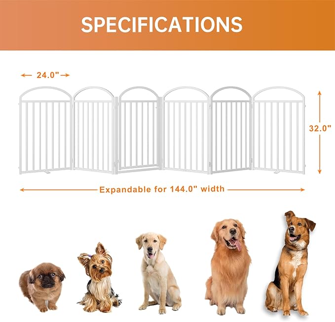 6 Panels Full Matel Freestanding Dog Gates with Door, 144"Extra Wide 32"Tall Free Standing Dog Pet Gate for Indoor & Outdoor. Foldable Pet Fences for Doorways, House, Stairs, Porch, Deck, Yard
