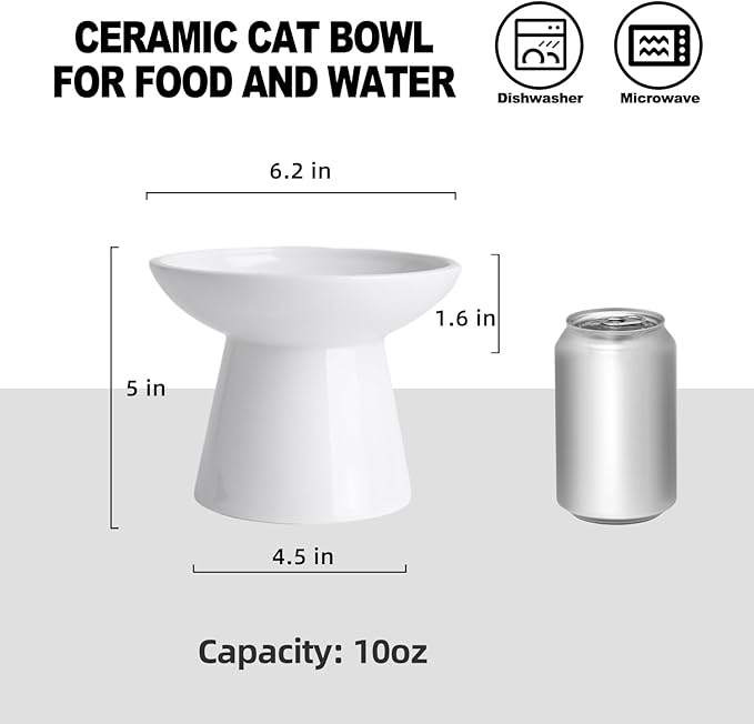 6.2 Inch Extra Wide Elevated Ceramic Cat Bowls, Food and Water Bowl Set for Elder Big Cats Small Dogs, Raised Design for Pet Easy Eating, Protect Cat's Spine Set of 1（White-1pc）