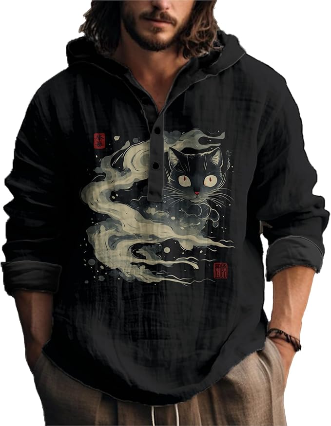 MARSVOVO Japanese Art Animal Hooded Shirt for Men Long Sleeve Quarter Button Lightweight Hoodie Cool Streetwear Tops